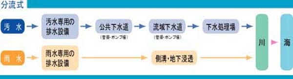 分流式の概要図。汚水は排水設備から下水道を通って処理場から川へ、雨水は排水設備から側溝を通って川へ排出される。