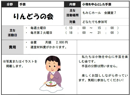 紹介の見本。分野、内容、活動場所、活動日、費用などが表記されている。